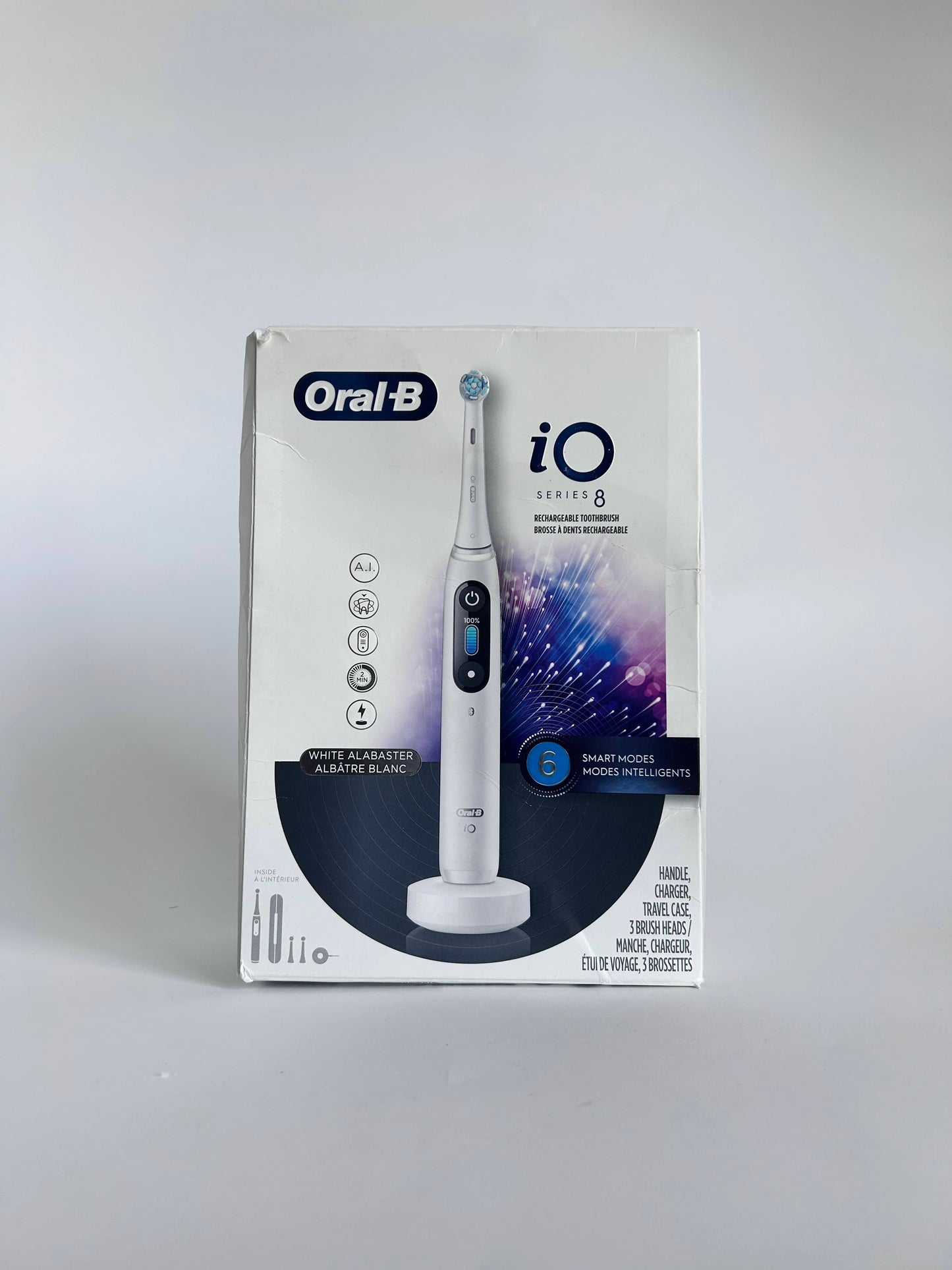 Oral-B iO Series 8 Electric Toothbrush with 2 Replacement Brush Heads and Travel Case, Rechargeable Toothbrush, Whitealabaster