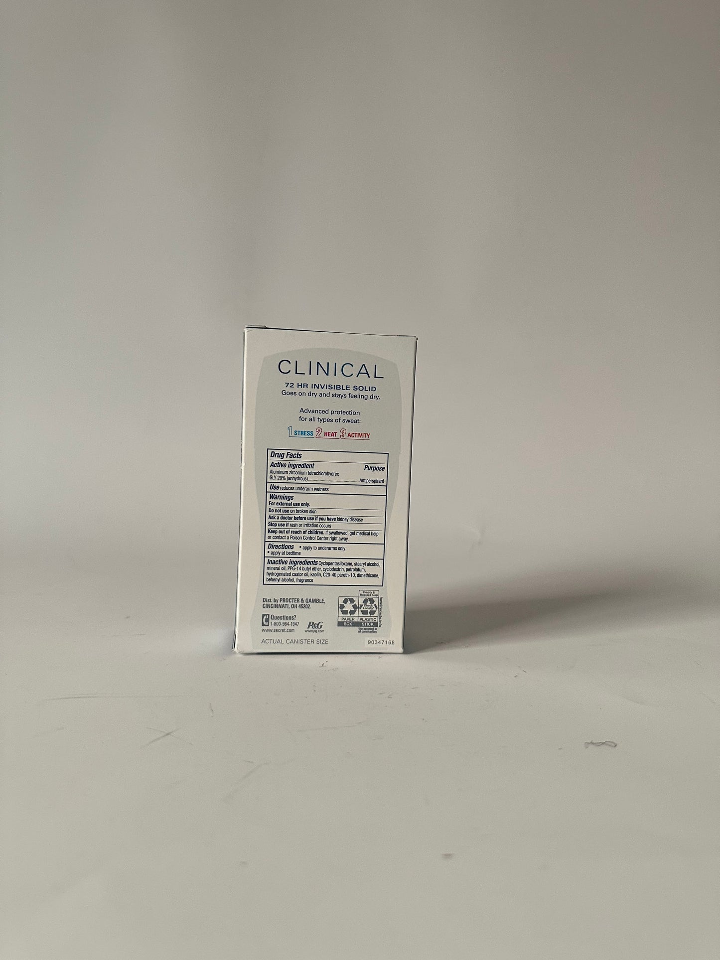 Secret Deodorant and Antiperspirant Clinical Strength for Women, Free & Sensitive, 3X Stress Sweat Protection, PH Balancing Minerals, Invisible Solid, Unscented, 1.6 oz