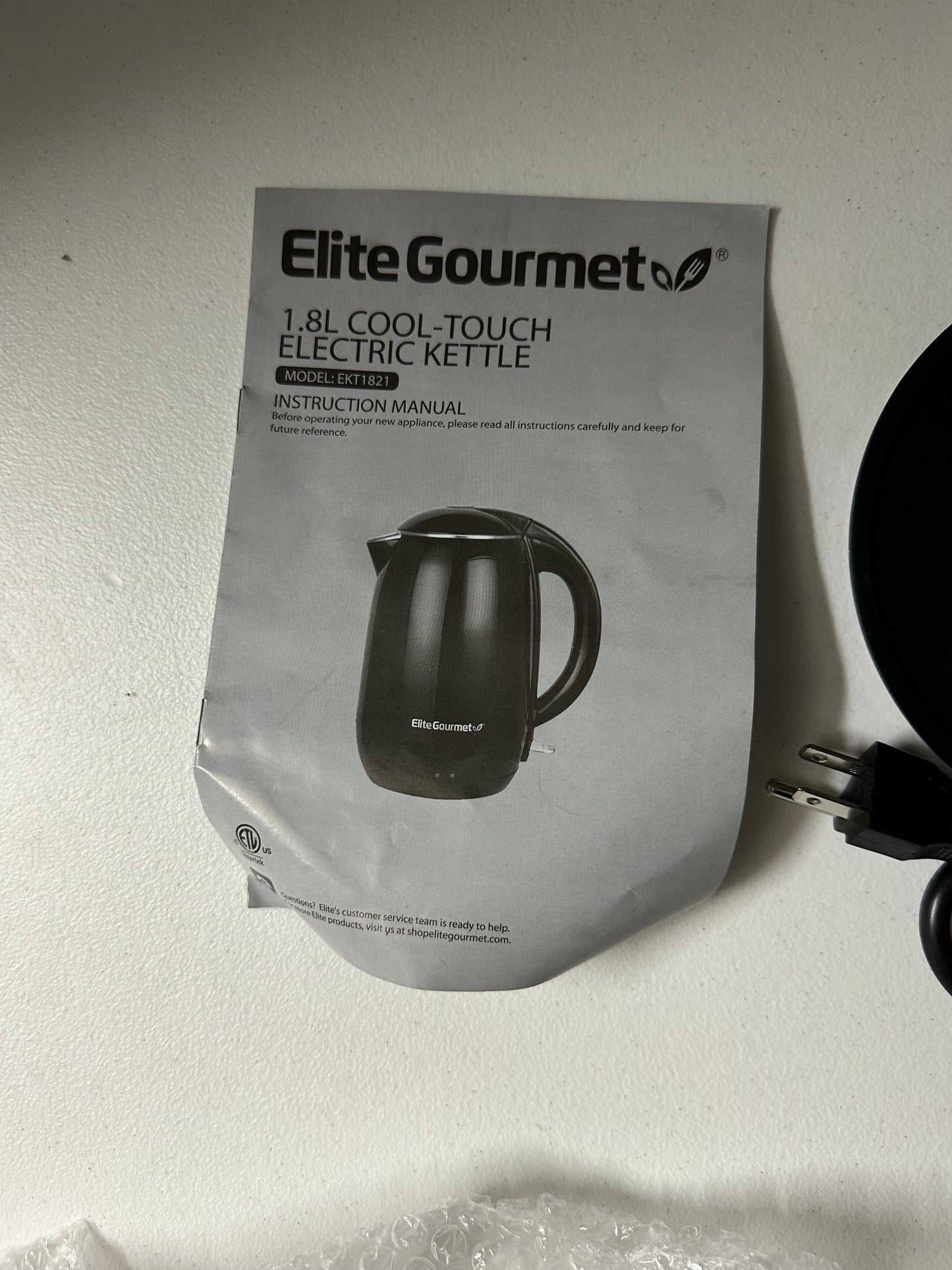 Elite Gourmet EKT1821 1.8L Double Wall Insulated, Cool-Touch 1500W Kettle w/Stainless Steel Interior & Lid, 360Â° Swivel Base for Cord Free Serving, Power On Lever, Auto Shut-Off, Boil Dry, Black (Original packaging missing)