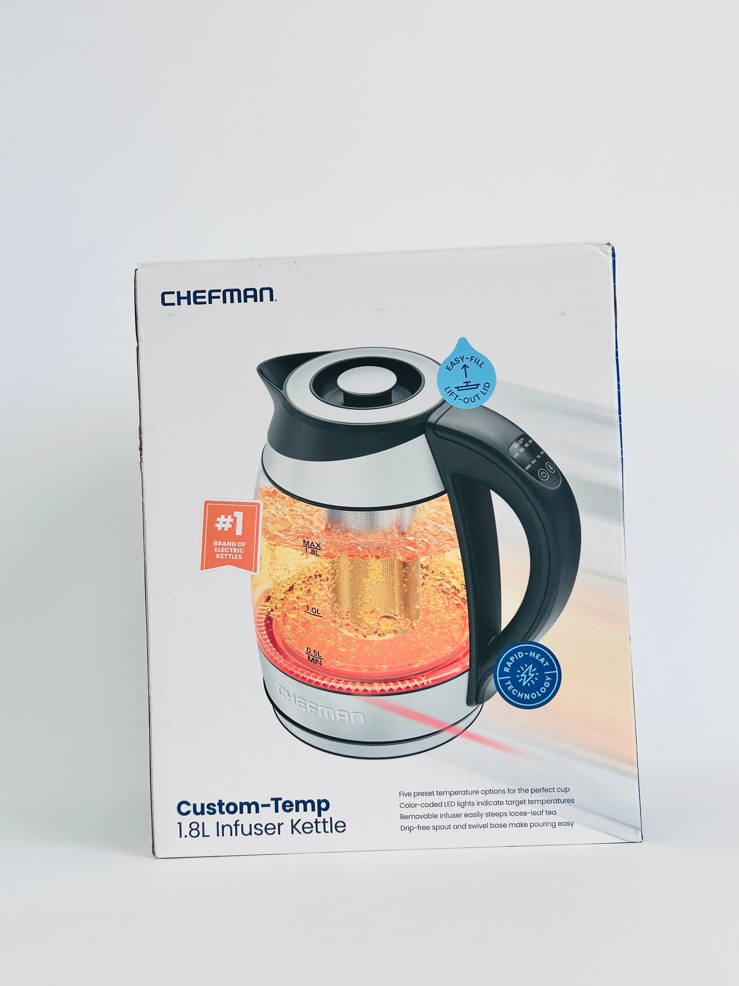 Chefman Electric Kettle with Temperature Control, 5 Presets LED Indicator Lights, Removable Tea Infuser, Glass Tea Kettle & Hot Water Boiler, 360Â° Swivel Base, BPA Free, Stainless Steel, 1.8 Liters