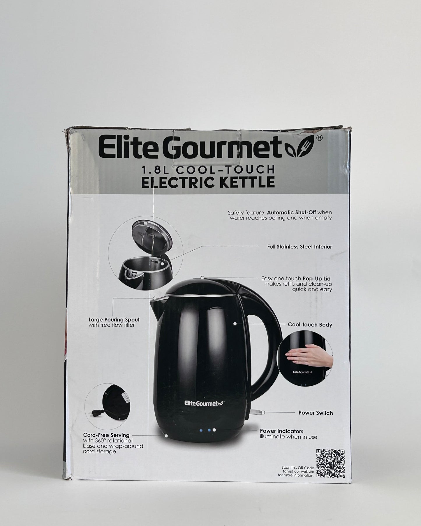 Elite Gourmet EKT1821 1.8L Double Wall Insulated, Cool-Touch 1500W Kettle w/Stainless Steel Interior & Lid, 360Â° Swivel Base for Cord Free Serving, Power On Lever, Auto Shut-Off, Boil Dry, Black