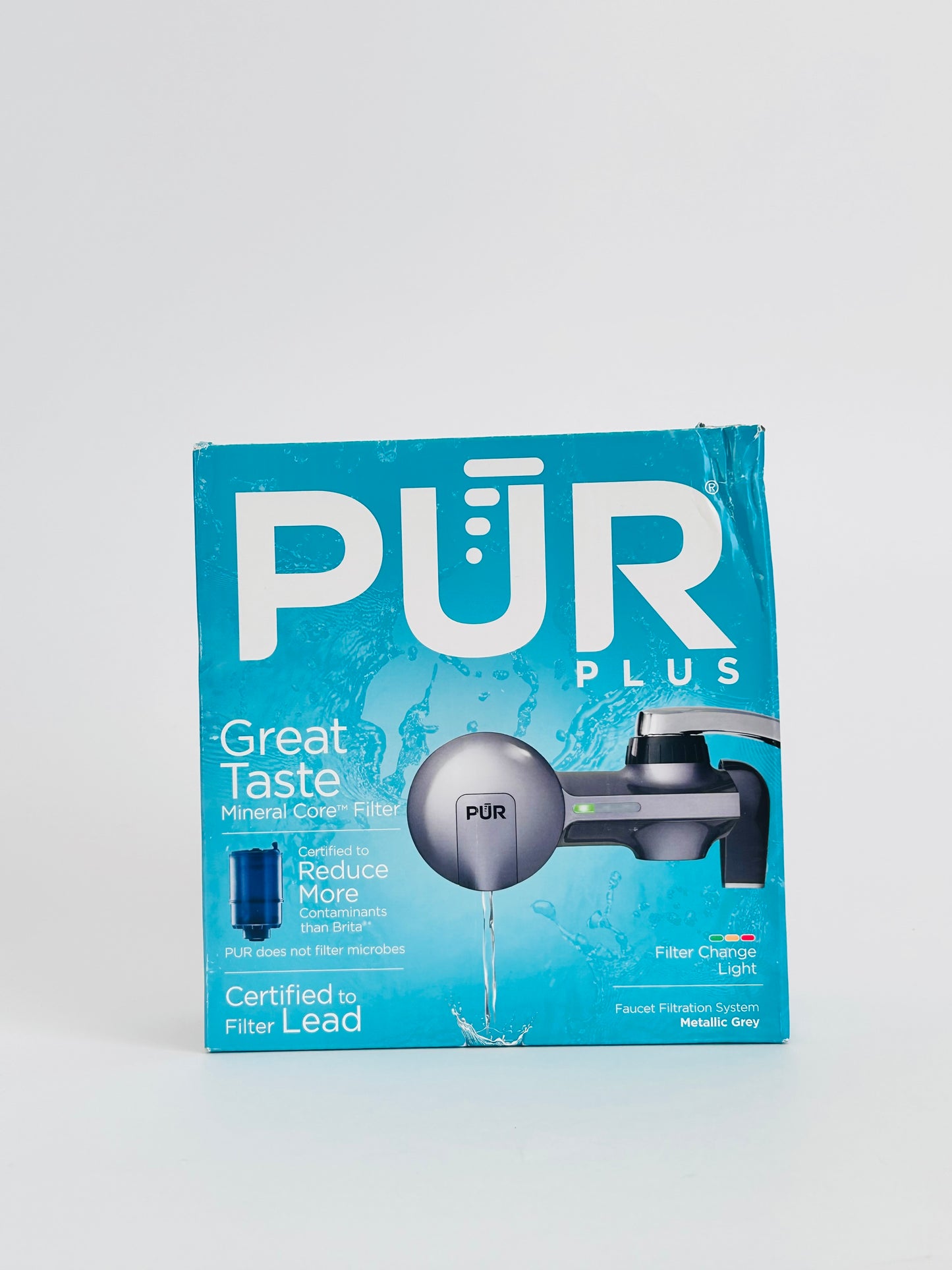 PUR PLUS Faucet Mount Water Filtration System, 3-in-1 Powerful, Natural Mineral Filtration with Lead Reduction, Horizontal, Metallic Grey, PFM350V