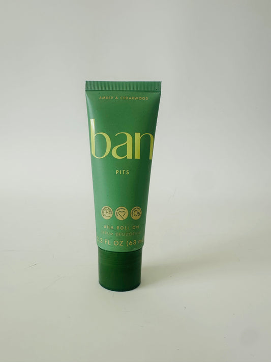 Ban Invisible Roll-On Aluminum-Free AHA Deodorant for Women and Men, Exfoliates and Hydrates Skin with AHA Serum, 48-Hour Odor Protection, Amber & Cedarwood, 2.3 Oz