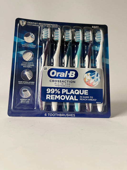 Oral-B Pro Health CrossAction All in One Soft Toothbrushes, Deep Plaque Fighter, Rounded Bristles Gentle on Teeth, Tongue and Cheek Cleaner, Gum Stimulators, 6 Count, Tooth Brush Pack