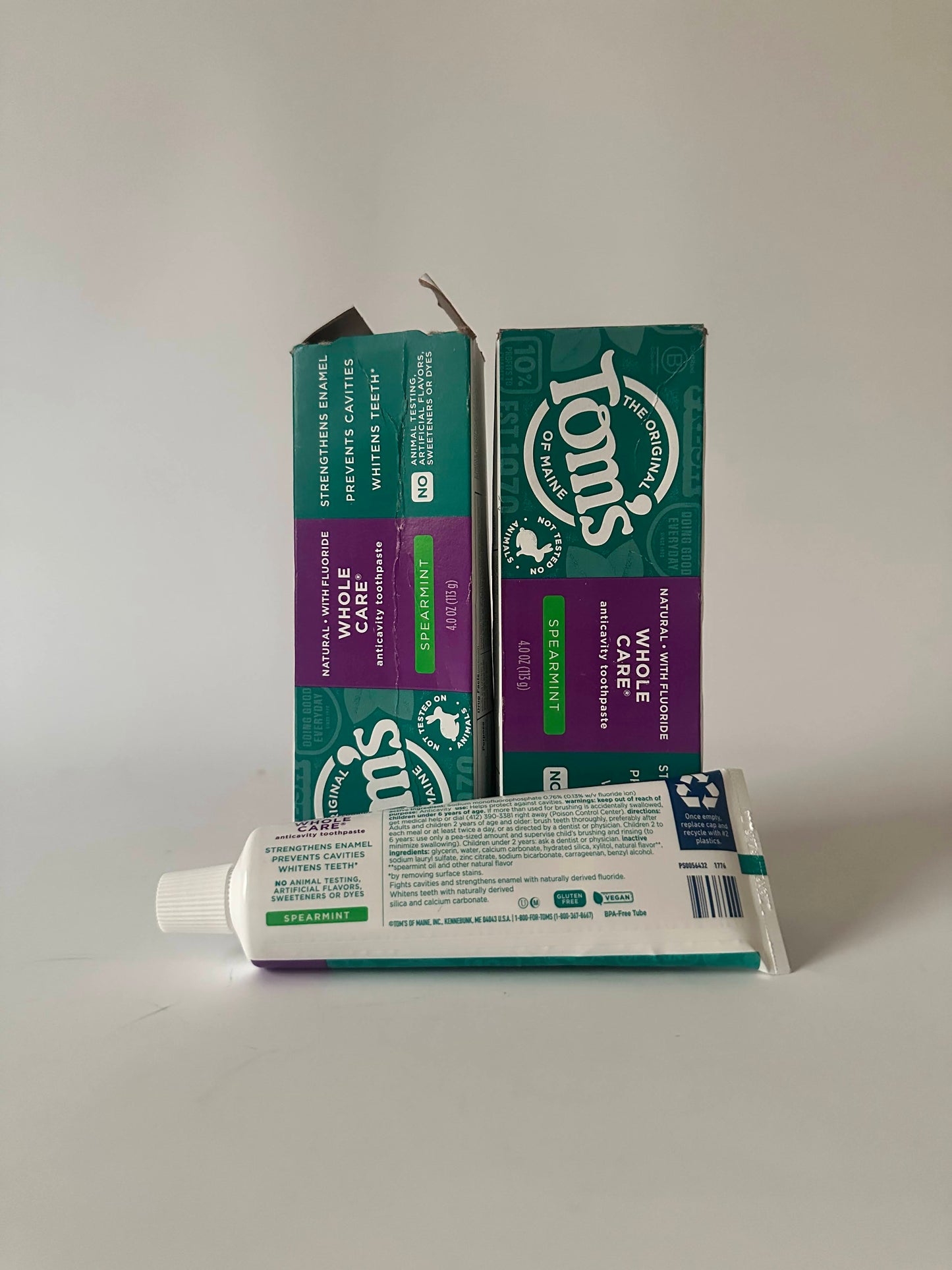 Tom's of Maine Whole Care Natural Toothpaste with Fluoride, Spearmint, 4 Ounce (Pack of 3), (Packaging May Vary)