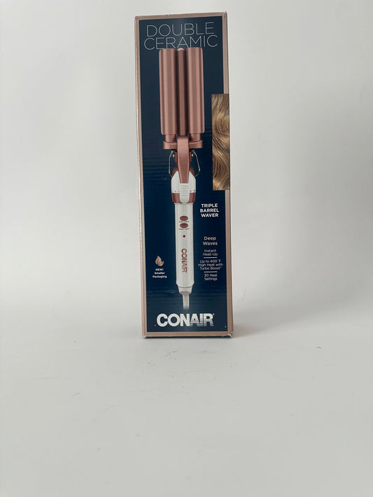 Conair Double Ceramic 3 Barrel Curling Iron, Hair Waver, Create Beachy Waves, Long-Lasting Natural Tight Waves for all Hair Lengths, White / Rose Gold