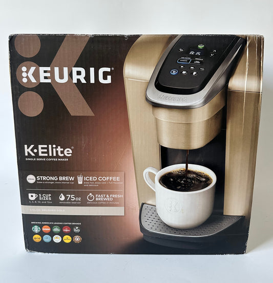 Keurig K-Elite Single Serve K-Cup Pod Coffee Maker, with Strength and Temperature Control, Iced Coffee Capability, 8 to 12oz Brew Size, Programmable, Brushed Gold