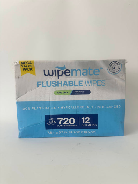 Wipemate ULTRA Flushable Wet Wipes, Soothing Vitamin E & Aloe, 99% Water, Aloe Vera Scent Premium Super Soft Hygiene Wipes, Septic & Sewer Safe, 12 Premium Flip-Top Packs, (720ct)