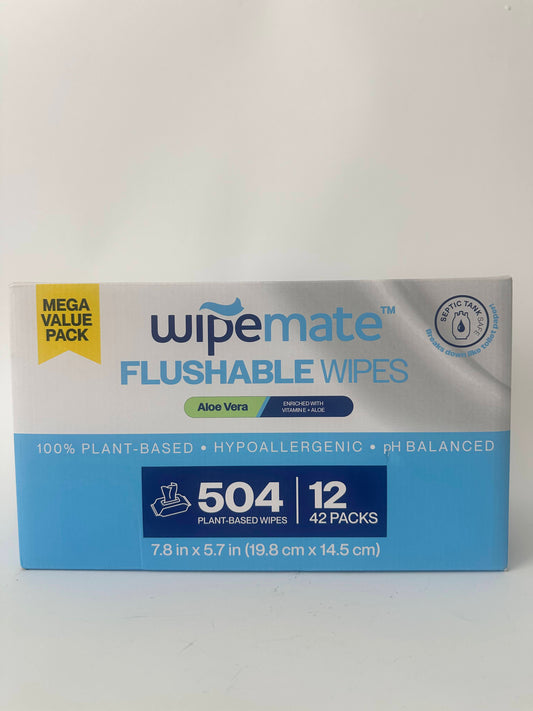 Wipemate ULTRA Flushable Wet Wipes, Soothing Vitamin E & Aloe, 99% Water, Aloe Vera Scent Premium Super Soft Hygiene Wipes, Septic & Sewer Safe,12 Premium Flip-Top Packs, 42 Wipes Per Pack 504 Ct