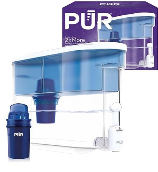PUR 30-Cup Water Filter Dispenser with 1 Genuine PUR Filter, Large 30-Cup Capacity, 2-in-1 Powerful, Faster Filtration, Lasts 2 Months or 40 Gallons, Dishwasher Safe, White/Blue (DS1800Z)